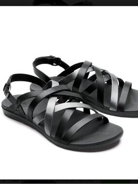 OluKai Awe Awe Black Leather Crisscross Slingback Sandals